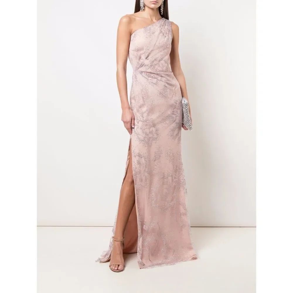 Marchesa Notte Tulle One Shoulder Flocked Glitter Gown US0